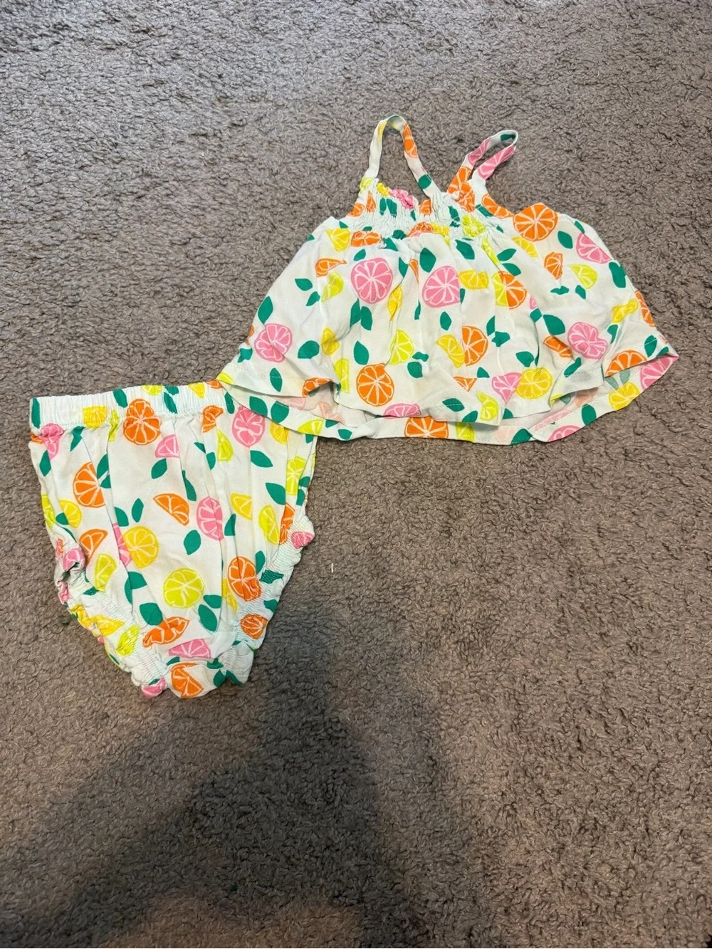 Girls Citrus Print Two-Piece Set  - White with Orange, Pink & Yellow